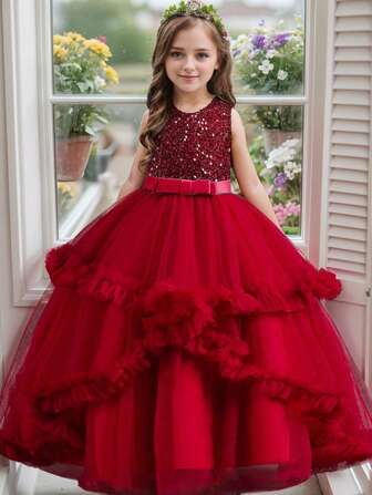 少女亮片多层薄纱连衣裙、派对和婚礼选美公主礼服，适合所有季节