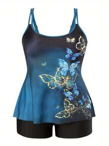 Conjunto de bikini con estampado de mariposa para mujer talla grande, traje de baño para playa y resort, 2 piezas - Azul - Ver 4