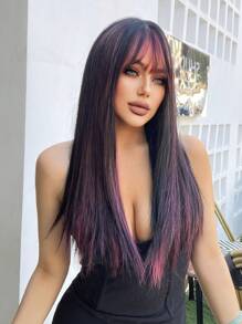 1-Piece Synthetic Heat-Resistant Black-Brown Ombre With Multicolor Highlights 24 Inches Long Fully Machine-Woven Natural And Realistic Long Curly Wig With Bangs.