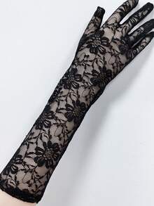 Black Vintage Lace Long Fingerless Gloves, Sexy Mesh Short Bride Gloves For Wedding Photography Props, White Bridal Arm Sleeves Autumn Accessories - Black - View 5