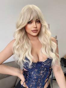 1-Piece Synthetic Heat Resistant Long Curly Wavy Hair With Bangs Wig Golden 24 Inch Fully Machine Woven Daily Natural Realistic Wig