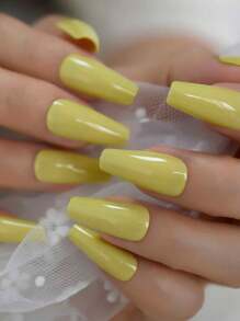 24pcs Glossy Solid Color Medium Coffin Ballet Fingernails Press On Nails Fake Nails Art For Outdoor Travel With Tools Bag