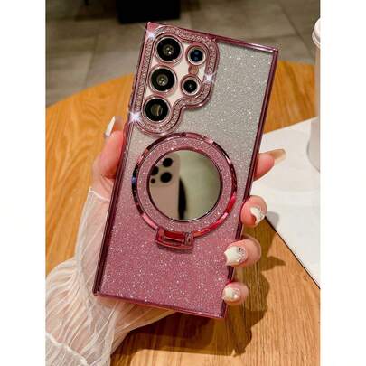 兼容三星 S24 S25 Ultra 镜面磁力支架保护壳兼容三星 Galaxy S23 S22 Ultra Plus A15 A55 奢华闪光钻石保险杠电镀透明保护套防水防震防摔防刮