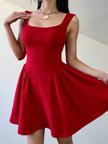 Vestidos para mujer, con cuello cuadrado, sin mangas, liso, elegante, plisado - Rojo - Ver 8