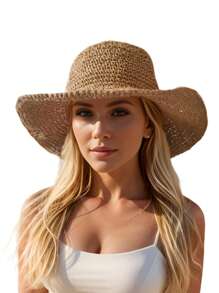 1pc Plain Crochet Big Brim Of A Hat Foldable Straw Hat With Adjustable Strap, Ideal For SpringAutumn Travel, Beach Vacation, Sun Protection, Y2K Style, Youthful Cowboy Hat