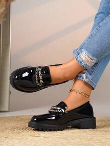 Women's Buckle Decor Thick Heel Loafers, Fashionable School Style Formal Shoes, Comfortable Slip-On Flats