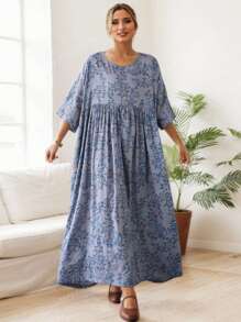 Tops, Women's Plus-Size Elegant Dress, 2025 Summer Crew-Neck Short Sleeve Big Swing Print Everyday Dress, Bohemian Casual Vacation Beach Dress