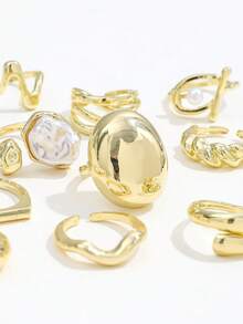 11pcs Vintage Baroque Style Faux Pearl Plain Knuckle Rings, Retro Twisted Layered Design Ring Set For Women - Gold - View 2