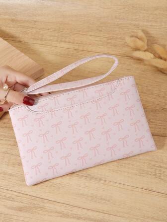 Cartera / embrague de mujer de piel de PU de unicolor con lazo rosa y patrón de amor, de doble capa con cierre de cremallera, ideal para viajes, fiestas, bodas, cenas y eventos, a juego con vestidos de fiesta, de noche y con lentejuelas