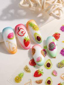 Fruits Strawberry Nail Stickers Grapes Avocado Apple Banana Pineapple Lemon Refreshing Summer Jelly Embossed Fruits Nail Designs 5D Self-Adhesive Nail Decals Adhesive Decoration