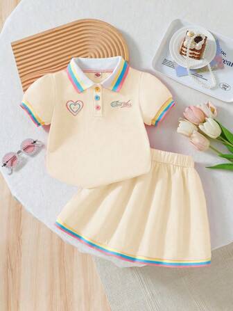 2pcs/Set Little Girls Fashion Cute Collar Embroidered Blouse + Casual Patchwork Skirt