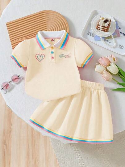 2pcs/Set Little Girls Fashion Cute Collar Embroidered Blouse + Casual Patchwork Skirt