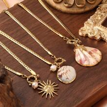 1pc Stainless Steel 18K Plated Pearl Shell Pendant Necklace For Women, Fashionable Ocean Style Suitable For Beach Party, Dates