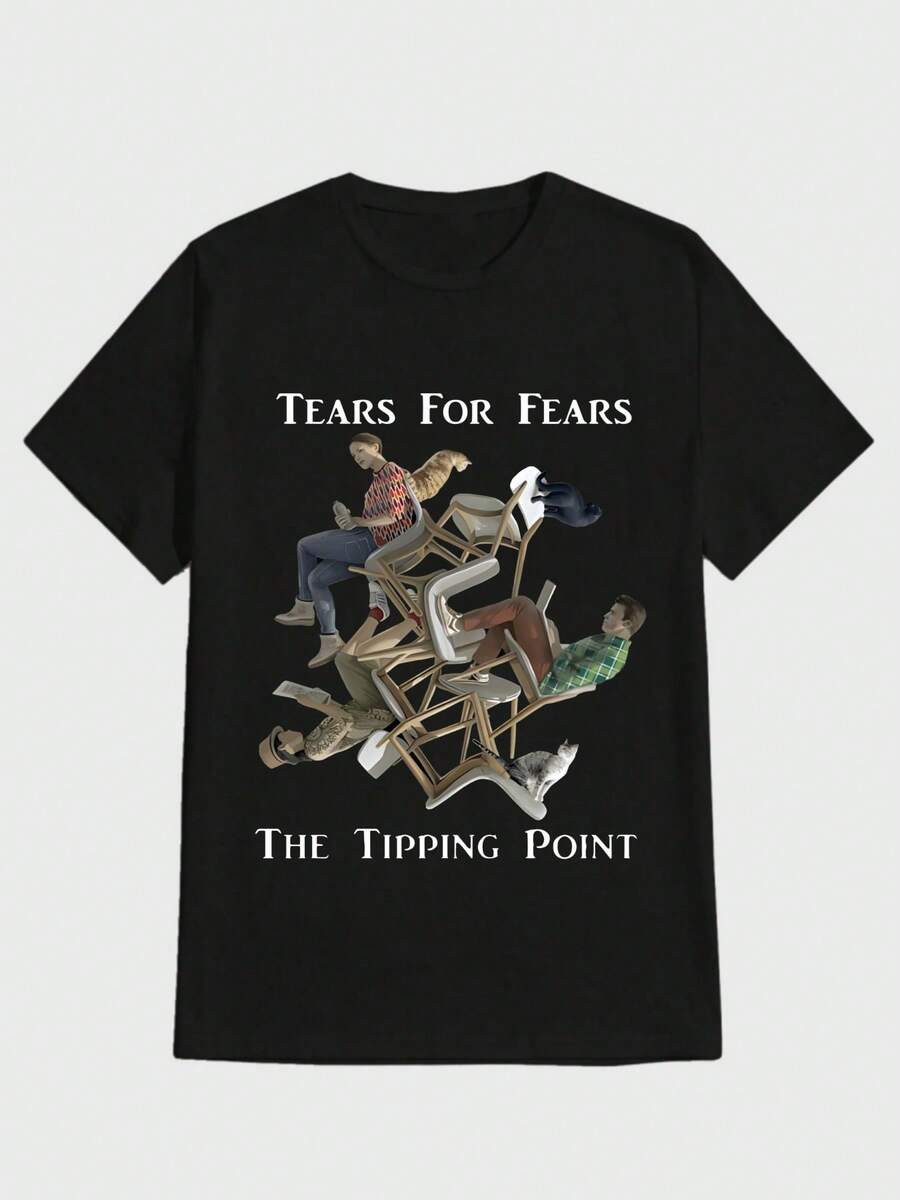 Para hombre,Camisa de algodón con estampado de "TEARS FOR FEARS THE TIPPING POINT" y imagen de sillas y personas,Camiseta casual de cuello redondo y manga corta con estampado,adecuada para uso diario en primavera y verano,unisex - Negro - Ver 1