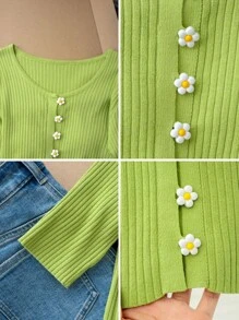 Floral Button Short Sleeve Cardigan Sweater For Women, Avocado Green Round Neck Fitted Elegant Blouse For Summer