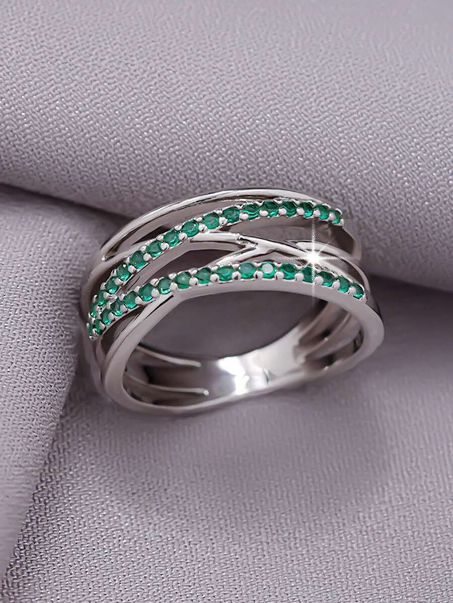 1pc Line Zirconia Ring, Valentine's Gift For Her, Engagement/Wedding - Green - View 1
