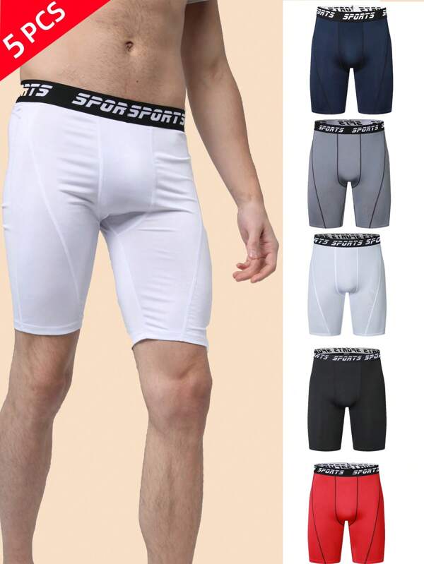 5pcs Basic Casual Sport Polyester Quick-Dry Elastic Lift Hip Letter Printed Mid-Waist Boxer Briefs For Men