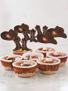 24 piezas - Toppers de magdalenas con sombrero y botas de vaquero o vaquera, decoraciones de tarta de cumpleaños con tema del oeste, insertos de magdalenas de rodeo, suministros de palillos para fiestas con tema del oeste o baby shower (color marrón)