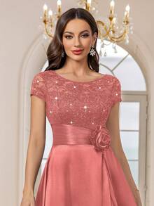 MIUSOL Sequin Floral Lace Colorblock Satin Ruffle Hem Formal Party Maxi Dress - Dusty Pink - View 8