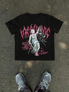 Men's Sports T-Shirt 1Pcs 100% Cotton 220g Digital Print Express Justice And Faith With The Word "WESSTAND", An Illustration Of The Goddess Of Justice And The Message "TRUST IN GODS PLAN" - Black - View 1