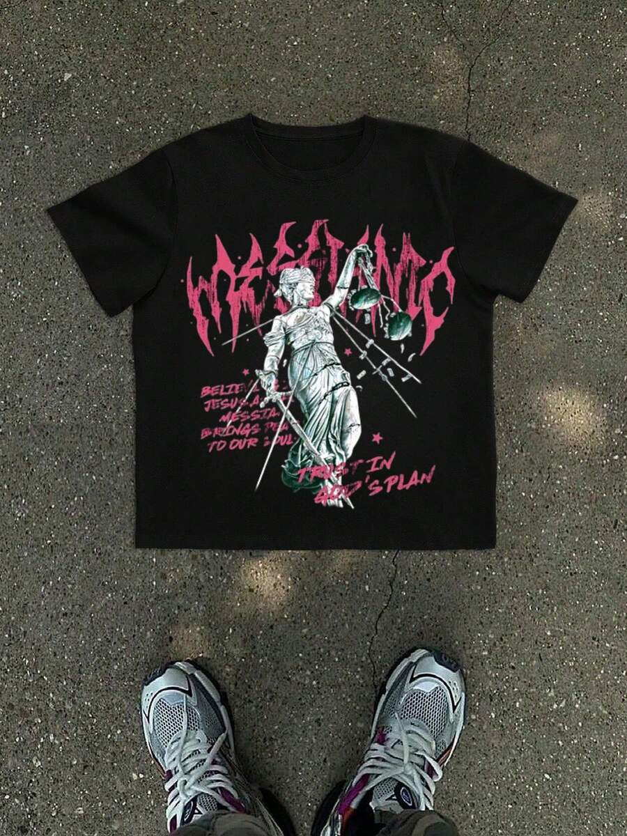 Men's Sports T-Shirt 1Pcs 100% Cotton 220g Digital Print Express Justice And Faith With The Word "WESSTAND", An Illustration Of The Goddess Of Justice And The Message "TRUST IN GODS PLAN" - Black - View 1