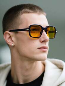 1pc Men's Fashion Retro Style Rectangular Frame Acrylic Black Full Frame Fashion Glasses, Suitable For Vacation, Family Outings