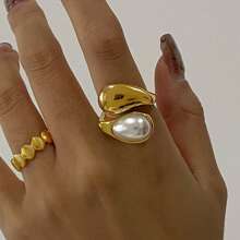 S SHOPBOHO 1pc Stainless Steel Finger Ring Chunky Jewelry Girls Party Outfit Large Irregular Faux Pearl Gold Ring