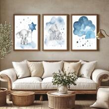 1 Stück Wandkunst Poster wahlweise mit Rahmen Dekor, Baby Mädchen Elefant Kinderzimmerdekoration - Baby Jungen Zimmer Dekorationen für Kinderzimmerwand, blaue Mond und Sterne Kinderzimmerkunstdrucke, süßes Elefantenposter Tierbild für Schlafzimmer