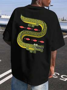 Camiseta negra con estampado de dibujos animados - Animal con logo de miniatura de cocodrilo en el pecho, y estampado talla grande grande y juguetón de cocodrilo y peces en la espalda. Camiseta 100% algodón de 220g con estampado doble cara. - Negro - Ver 3