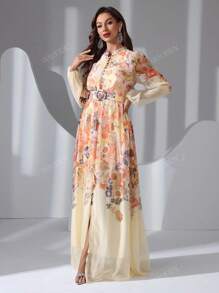 Women's Lantern Sleeve Elegant Floral Print Random Cut Arabic Style Dress