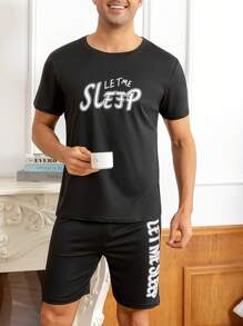 2pcs/Set Men's Thin Summer Casual Sleepwear Set - Black Letter Graphic Short Sleeve Crew Neck Top & Shorts, Minimalist & Comfortable