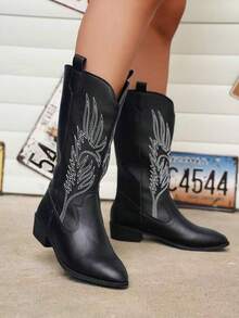 Embroidered Western Cowboy Boots For Women, Versatile Mid-Calf Equestrian Boots, Riding Boots - Black - View 3