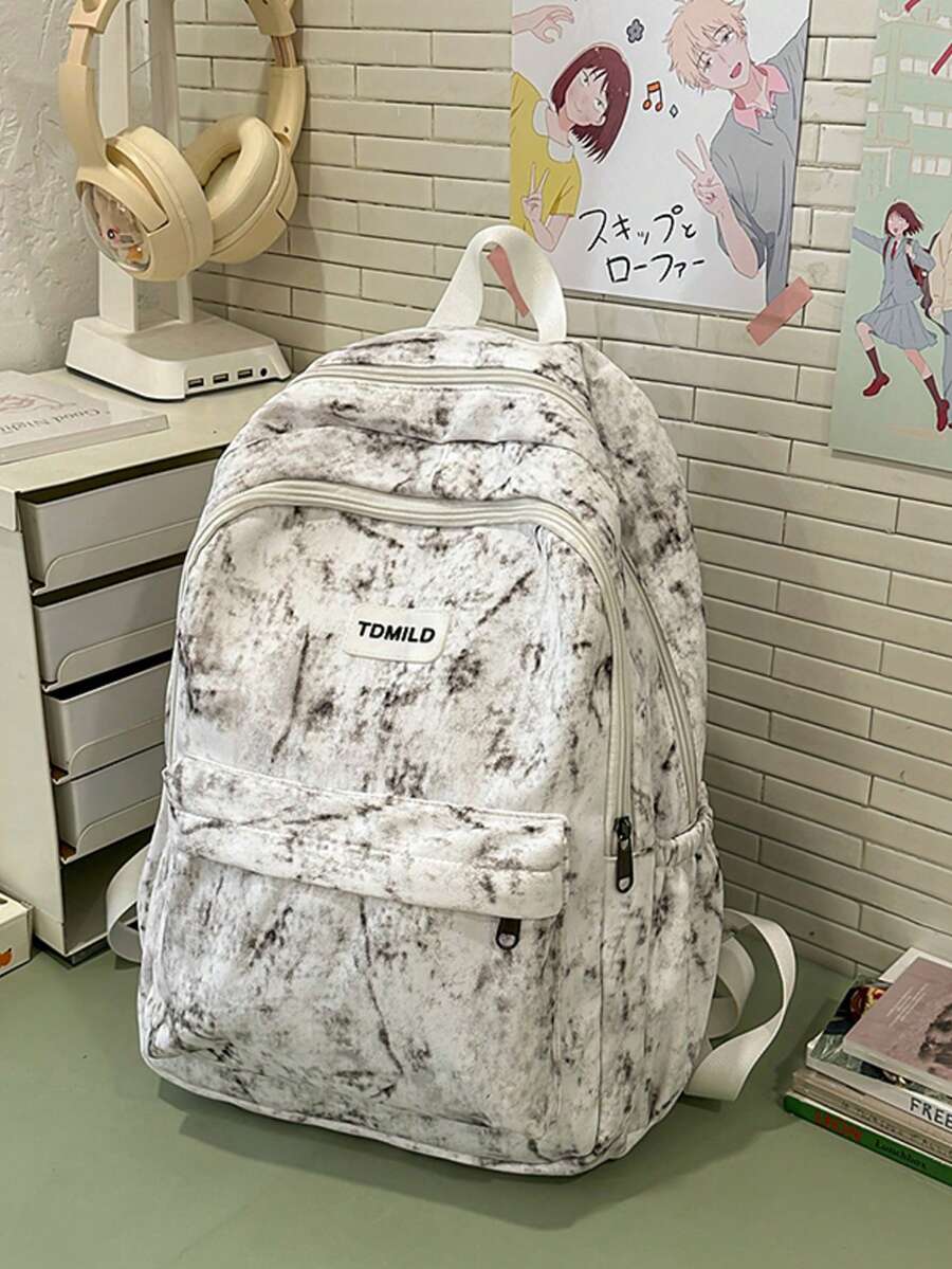 1pc Tie-Dye Pattern Backpack, Minimalist Design, Fashion & Versatile, Large Capacity, Zipper Closure, Suitable For Students - White - View 1