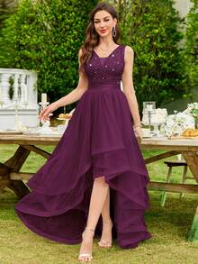 MIUSOL Elegant Women's Maroon Sequin Floral Lace V-Neck Sleeveless Mesh Swing Maxi Dress With Layered Ruffle High Low Hem, For Formal Wedding Guest, Prom, Graduation, Evening Party, Dinner - 紫紅色 - 查看 6