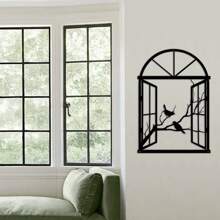 1pc Art Deco Metal Window Birds Sculpture, Iron Wall Art For Living Room, Patio, Balcony - Indoor/Outdoor Garden Fence Decorative Mural, Outdoor Decor