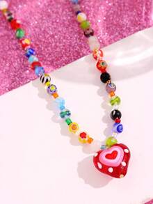 1 件彩色串珠红心吊坠项链，可爱海滩度假风格女士珠宝（珠子颜色随机，位置各异） - 彩色 - 查看 4