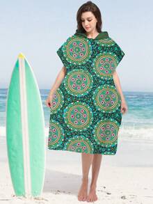 1pc Green Mandala Flower Printed Hooded Cloak/Robe - Super Soft Microfiber Beach Pattern, Suitable For Men, Women, Couples As Gift - Beach & Home Decor, Couple Wrap | Microfiber Bathrobe, Fit For All Occasions Back To School - Multicolor - View 12