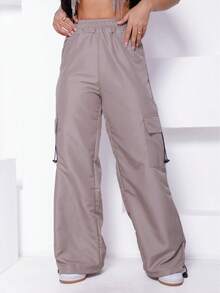Parachute Tactel Cargo Pants With Adjustable Drawstring Hem With Pockets Elegant Polyester Drawstring Pocket Women Fashion Daily Evening Holiday Birthday Party Fall Winter - كاكي - مشاهدة 1