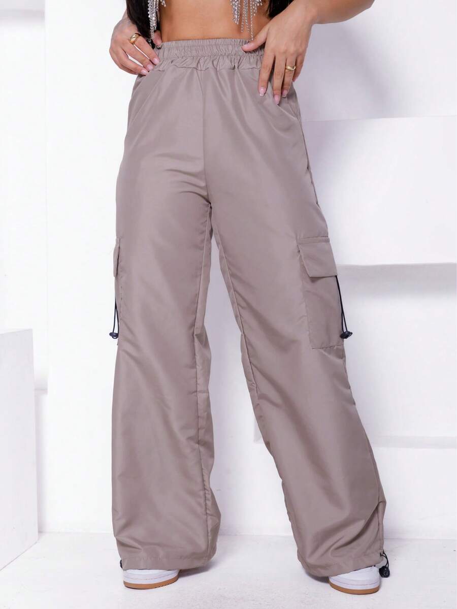 Parachute Tactel Cargo Pants With Adjustable Drawstring Hem With Pockets Elegant Polyester Drawstring Pocket Women Fashion Daily Evening Holiday Birthday Party Fall Winter - كاكي - مشاهدة 1