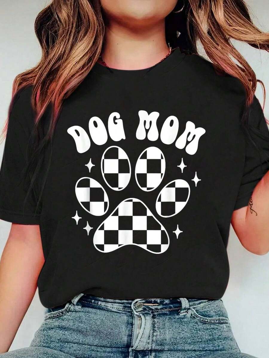 Dog Mom Women Cute Puppy Paw Checkered Dog Mama Animal T-Shirtsummer T-Shirt For Women - màu đen - Xem 1