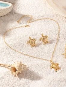 3pcs/Set Women Jewelry Set, Gold Metal Turtle Pendant Necklace And Earrings, Ocean Vacation Style Suitable For Daily Wear - Yellow Gold - View 3