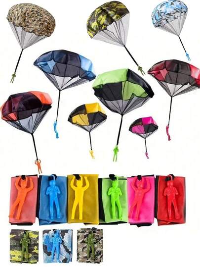 Set de 4 juguetes de paracaídas, juguetes de modelo de soldado con paracaídas que se lanzan a mano, muñecos de paracaídas para exterior para niños, juguetes de paracaídas militares para lanzar, juegos de lanzamiento apropiados para niños y adultos, emocionantes juguetes voladores para exterior, regalos pequeños para niños, regalos para fiestas de cumpleaños infantiles