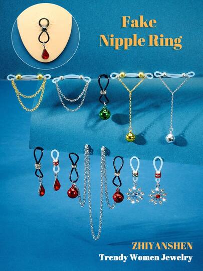 1对可调节硅胶乳环，带铃铛吊坠，假体穿孔链，女士无穿孔假乳环