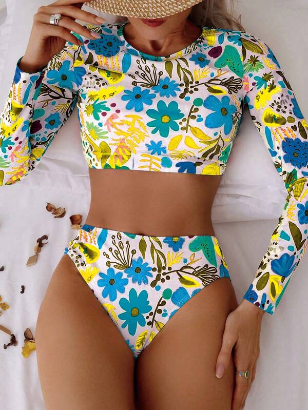 Crew Neck Langarm bedrucktes Bikini Badeanzug-Set mit Teilung in 2 Teile