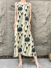 Women's Lotus Pattern Sleeveless Long Dress - Casual, Slim Fit, Polyester Fabric, Spring/Summer/Autumn Series - Multicolor - View 2