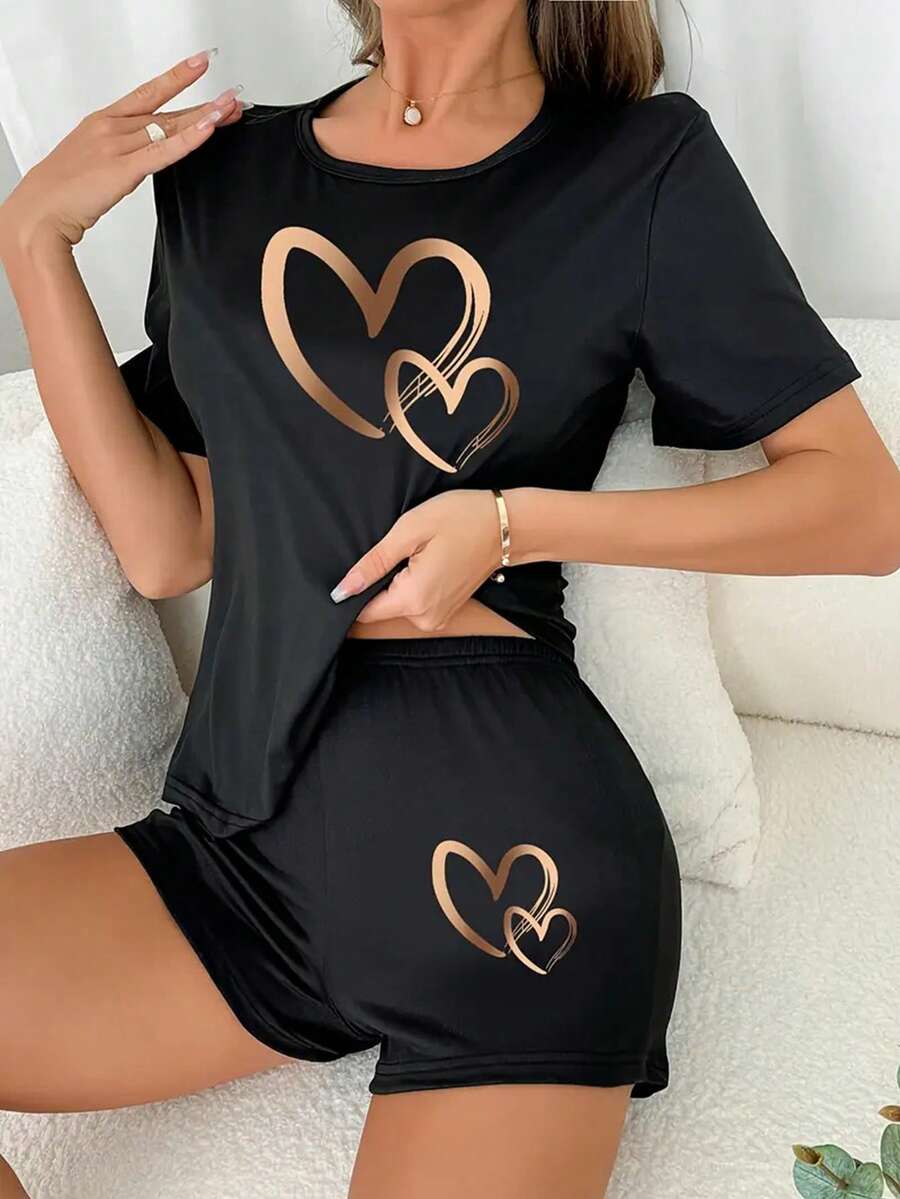 Women's Heart Print Short Sleeve Shorts Pajamas Set - Black - View 1