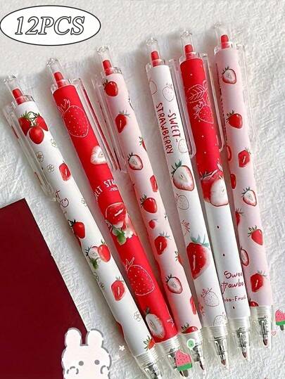 12 قلم جل قابل للسحب بتصميم الفراولة الكرتوني ذو رائحة الدونات، كتابة سلسة بدون انسداد، في ألوان متنوعة، لوازم مكتبية ولوازم طلابية، لإمدادات الكتابة والامتحانات، جوائز صغيرة ، جوائز صغيرة للطلاب (التسليم عشوائي) العودة إلى المدرسة