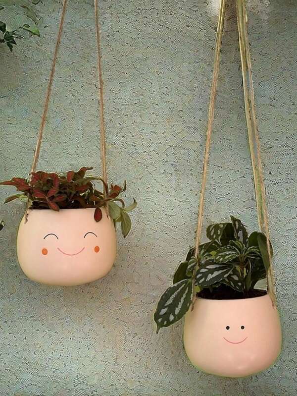 1pc Resin Smiling Face Hanging Planter, Indoor Decor Flower Pot, Outdoor Garden Decor Flower Pot, Balcony Decor Flower Pot, Creative Planter, Best For Growing Plants & Succulents, With Drainage Hole At Bottom