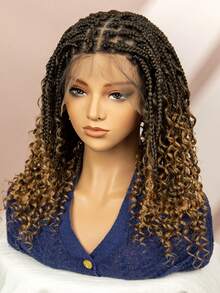 无结盒状编织假发，末端卷曲，合成全蕾丝编织假发，短款波西米亚风编织高温纤维，度假风格