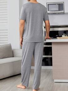 Conjunto de pijama casual de cuello redondo ligero para hombres, camisa de manga corta con estampado de letras y pantalones, ropa de casa cómoda, primavera/verano